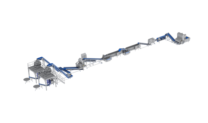 KRONEN processing and packaging line for salad and vegetables up to 2.5 t/h: automatic complete line for the coring, cutting, washing, drying, weighing and packing of salad and vegetables