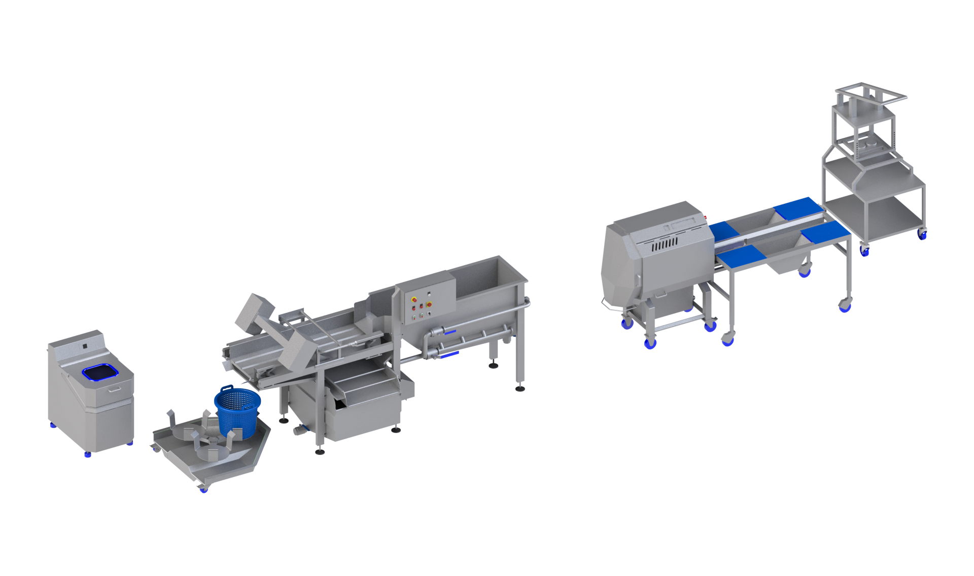 KRONEN processing line for salad, vegetables and fruit up to 400 kg/h: semi-automatic line for preparing, cutting, washing and drying salad, vegetables, fruit and vegan products