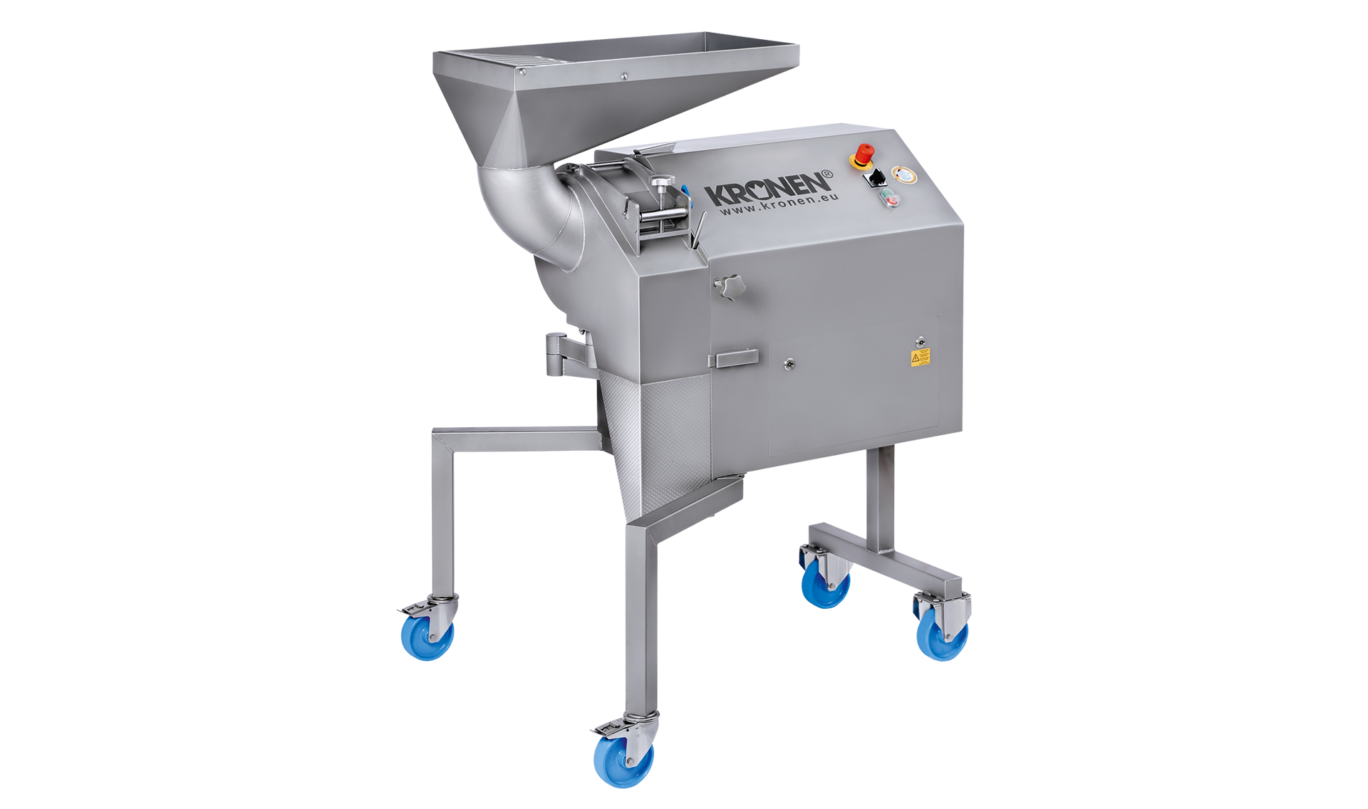 The cube, strip and slice cutting machine KUJ-V from KRONEN for vegetables, fruit and meat – precise cuts, even for the smallest of cubes, strips, sticks and slices, even for delicate products