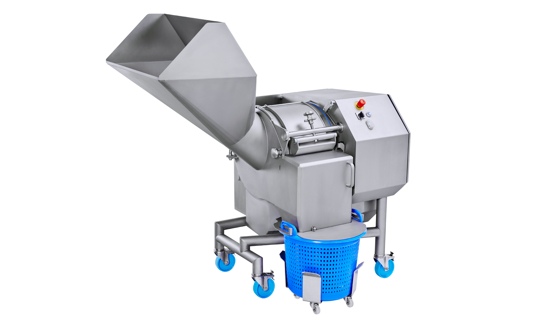 Cutting machine for dices, sticks, and slices KUJ HC-220 for cutting large quantities of vegetables, fruit, and meat – large capacity, precise cuts, even with the tiniest of dices, strips, and slices, even with delicate products