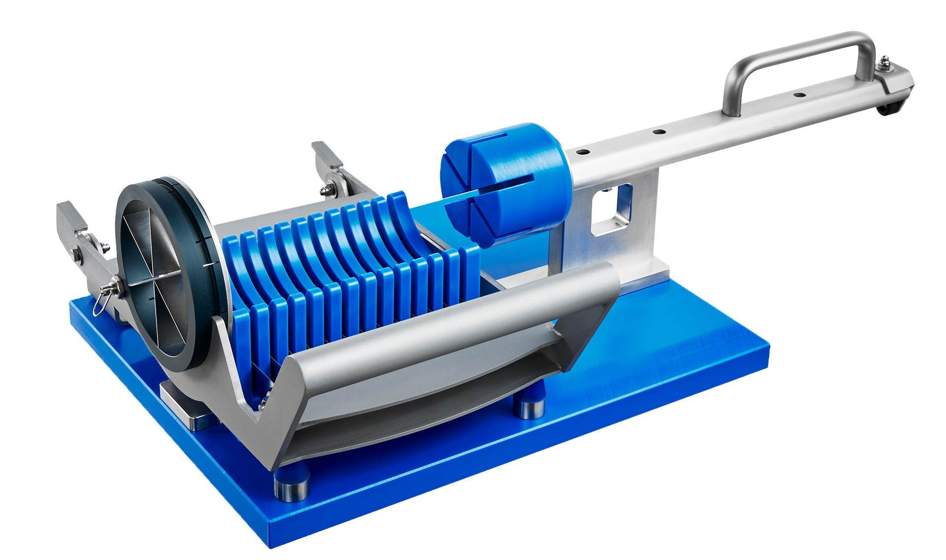 Manual pineapple chunk cutter MPC 100 from KRONEN for lightning-fast cutting of punched and cored pineapple cylinders into uniform pieces.