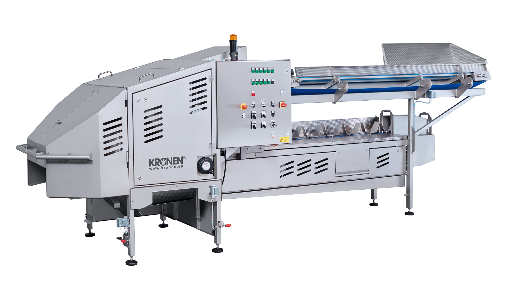 Top and tail machine TT 450 from KRONEN for ideal use in automatic salad preparation – high yield thanks to intelligent cutting technology with a processing capacity of up to 3600 kg per hour.