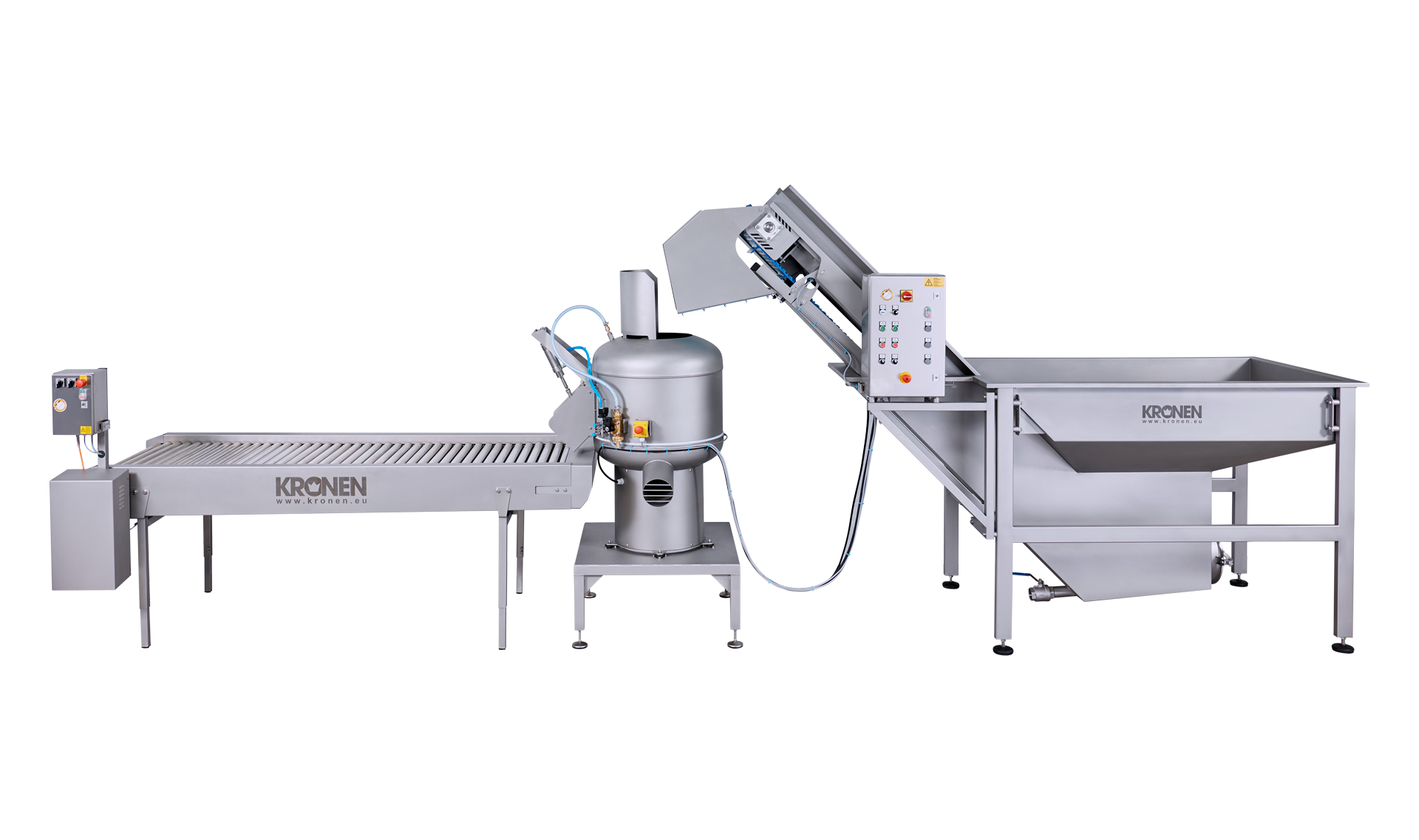 The water bunker belt from KRONEN precleans potatoes and other types of tuber vegetables and transports them automatically via a sloped conveyor for transfer to the peeling machines