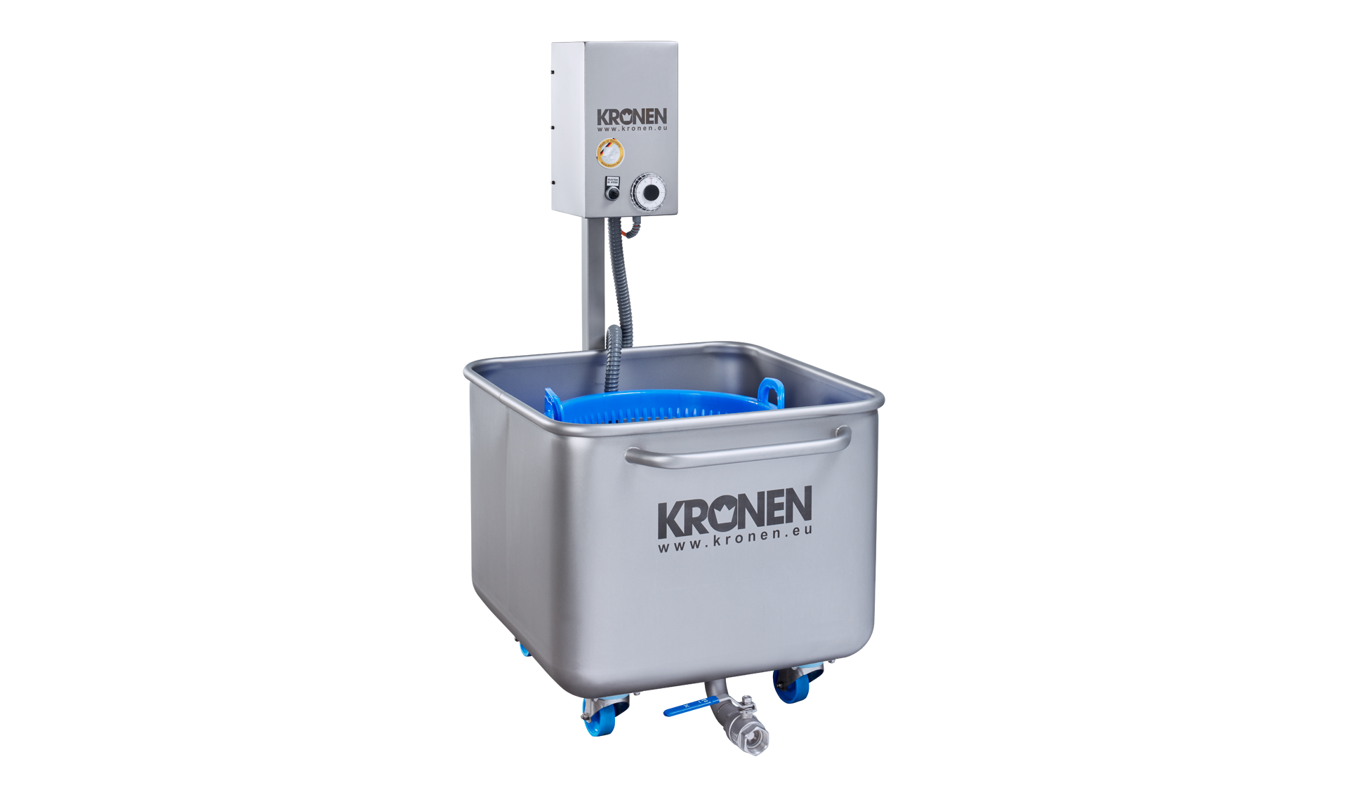 Batch-type blower washing machine DS 1000 mobil from KRONEN for the washing, dipping and hygienic treatment of salad, vegetables and fruit in small quantities